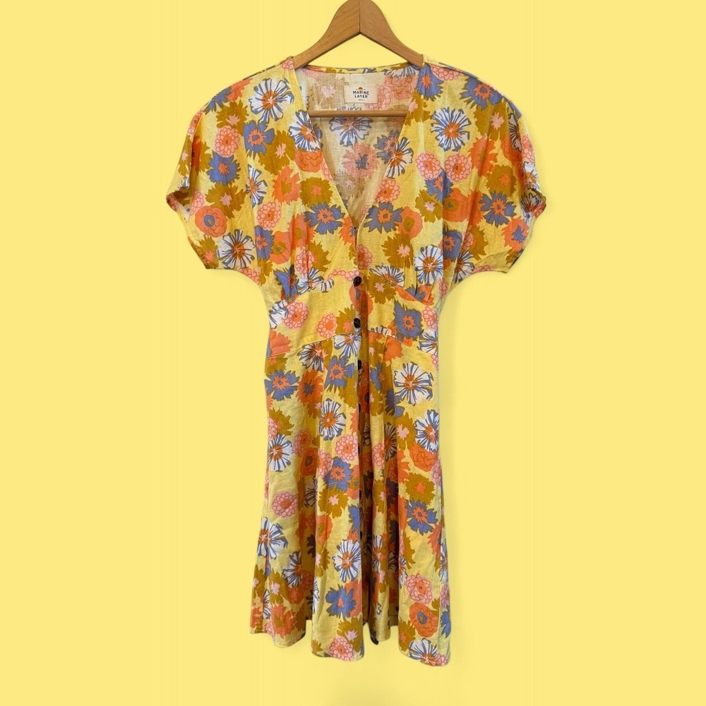 Marine Layer Yellow & Floral Button Down‎ Tie Back Knee Length Summer Dress S